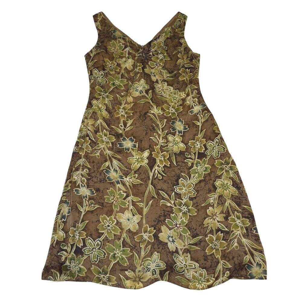 Tommy Bahama Midi Dress Womens 8 Brown Floral 100% Silk Sleeveless V-Neck Batik